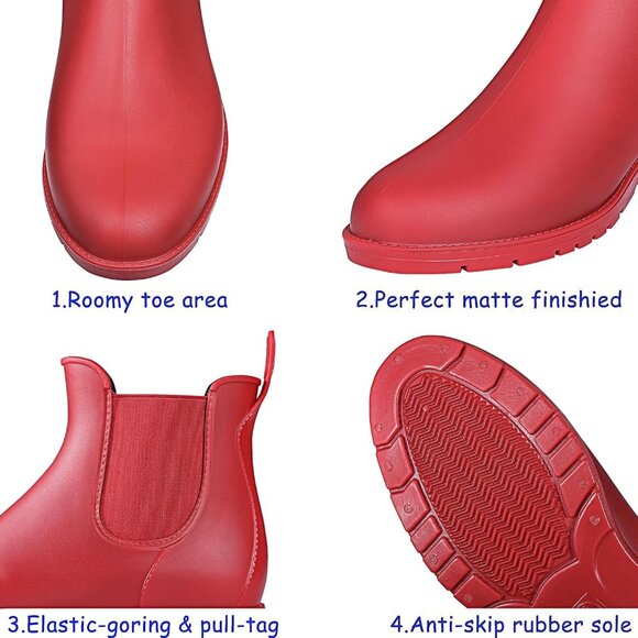 Women's Red Pointed Toe Waterproof Chelsea Double Elastic Ankle Rain Boots - Picture 6 of 7